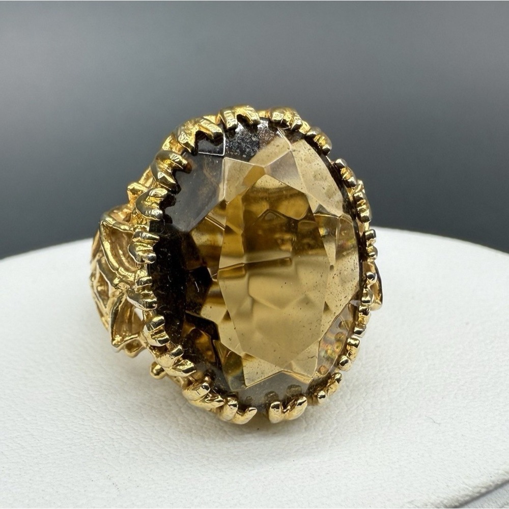 18K HGE Gold Plated Faceted Smoky Quartz Glass Statement Cocktail Ring Size 4.75